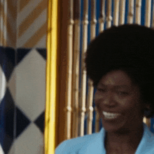 a woman with a big afro is smiling in front of a wooden fence