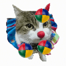 a pixelated image of a cat with a clown nose and balls around its neck
