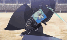 a cartoon character holding a sword and shield with a picture of squidward on it