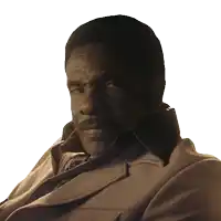 a man with a mustache is wearing a tan jacket