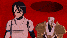 a robot with a cross on his face is standing next to another robot with a circle in the background .