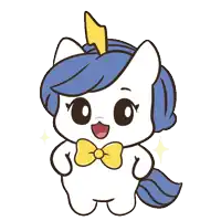 a cartoon drawing of a unicorn with a blue mane and a yellow bow tie