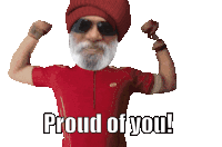 a man with a beard is flexing his muscles with the words proud of you behind him