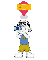a cartoon character looking through binoculars with a where sign above his head
