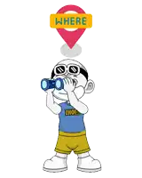 a cartoon character looking through binoculars with a where sign above his head