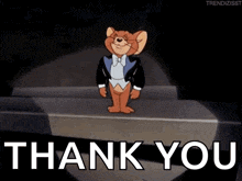 jerry from tom and jerry is wearing a tuxedo and bow tie and saying thank you