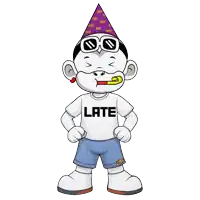 a cartoon character is wearing a party hat and sunglasses and has the word late on his shirt