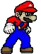 a pixel art drawing of mario wearing a red hat and overalls .