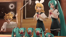 a group of anime characters are standing in front of a microphone with the letter z visible