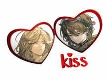 two hearts with the word kiss on it
