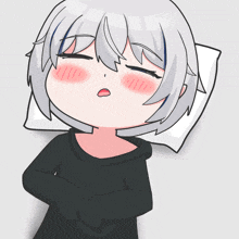 a drawing of a girl with white hair sleeping on a white pillow