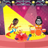 a cartoon drawing of a man playing a guitar and a drummer with the letter r on their hat