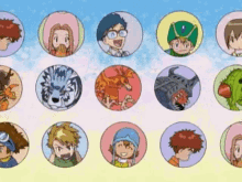 a bunch of cartoon characters in circles with a blue sky in the background