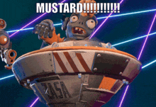 a cartoon character in a spaceship with the word mustard written on it
