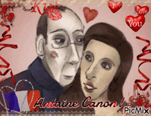 a picture of a man and a woman with hearts around them and the words antoine canon on the bottom