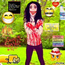 a picture of a person with a smiley face and a sign that says ' drink turns into pee ' on it