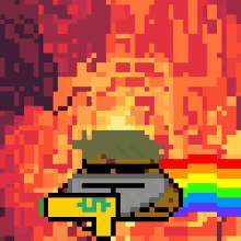 a pixel art drawing of a gun with a rainbow behind it