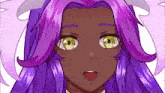 a close up of a purple haired anime girl with yellow eyes .