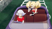 two cartoon characters are sitting in a boat and one of them is wearing sunglasses