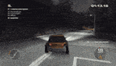 a screenshot of a video game shows a car driving down a road at night