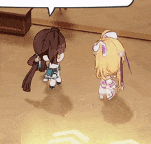 two anime characters are standing next to each other on a floor
