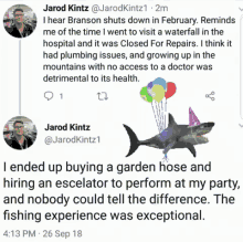 a picture of a shark with balloons and a party hat