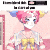 a clown with pink hair and a white mask is wearing a pink and white striped shirt .