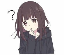 a girl with a question mark on her head is wearing a hoodie .