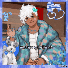 a picture of a man and a dog with the words mateo y belle < 3