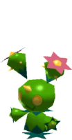 a green cactus with a pink flower on top of it is standing on a white background .