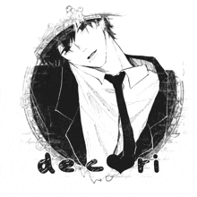 a black and white drawing of a man in a suit and tie with the words dee ri written below him