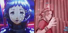 a girl in a helmet is standing next to a girl in a red dress in a video game .