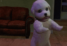 a white dog with a message that says lorraine in jesus name smite this child on it