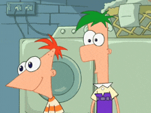 perry the platypus and phineas and ferb are standing in front of a washing machine