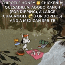 a cartoon of snoopy having a picnic in the woods