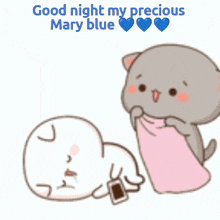 a cartoon of a cat laying on another cat with the words good night my precious mary blue