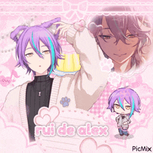 a purple haired anime character named rui de alex is on a pink background