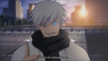 a man with white hair and blue eyes says " you 're the challenger here "