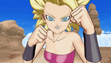 a cartoon character with blonde hair and blue eyes is wearing a pink top and black wristbands
