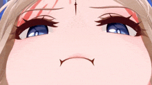 a close up of a anime girl 's face with a cross on her head
