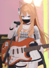 a girl wearing a shirt that says sugar rush is holding a guitar in front of a microphone