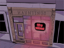 a cartoon drawing of a hauntings store with a neon sign that says 99 % dreams