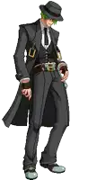 a pixel art of a man wearing a hat and a suit