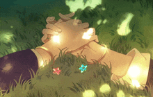 a drawing of a person laying in the grass with their hands together