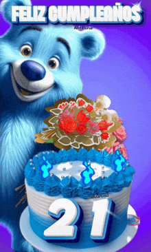 a blue bear is standing next to a cake that says 21