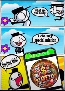 a cartoon shows a man holding a flower and another man holding a phone that says i do my special mission on it