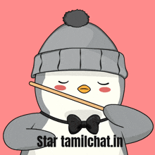 a penguin wearing a hat and bow tie is holding a stick in its beak with the words star tamilchat.in below it