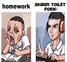 a cartoon of a man yawning and a cartoon of a man with headphones