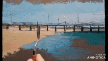 a painting of a beach with the words made in animotica at the bottom