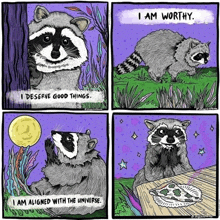 a cartoon of a raccoon saying i am worthy i deserve good things i am aligned with the universe